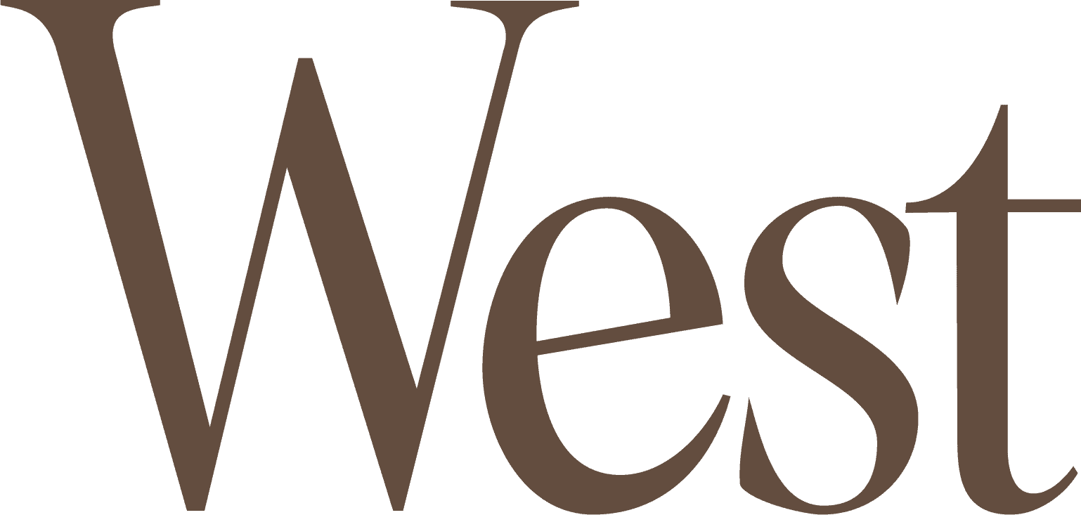 The word "West" written in large, brown, serif font on a transparent background.