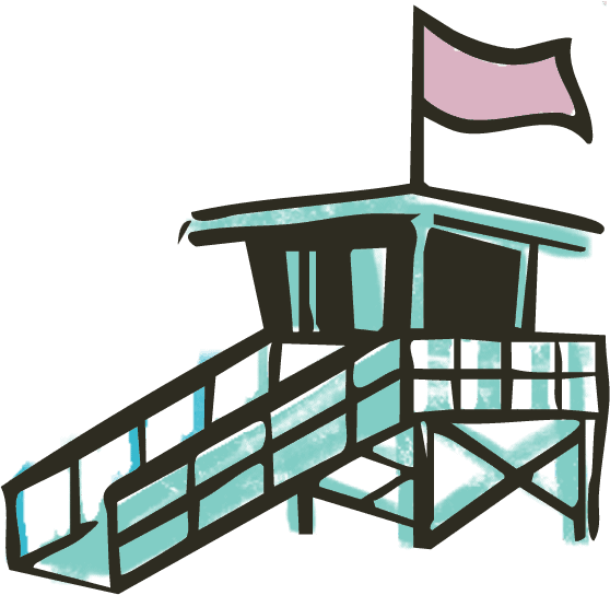 Illustrated lifeguard tower with a pink flag on top and a ramp leading up to the entrance.