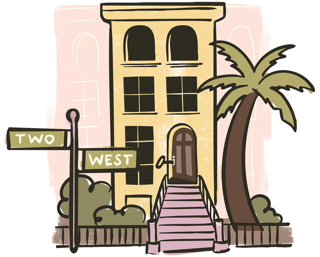 Illustration of a yellow building with arched windows, a palm tree, and street signs labeled "TWO" and "WEST" in front.