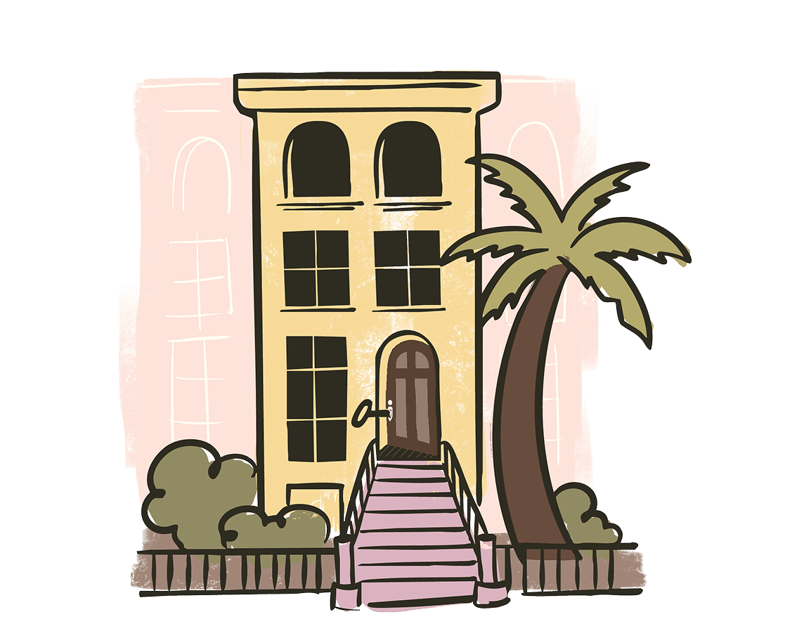 Illustration of a yellow two-story building with arched windows, a staircase leading to the door, a palm tree, and bushes in front.