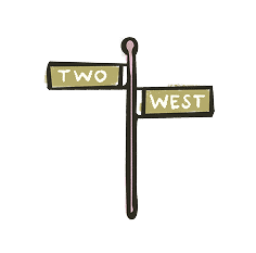 A street signpost with two signs: one labeled "TWO" pointing left, and one labeled "WEST" pointing right.