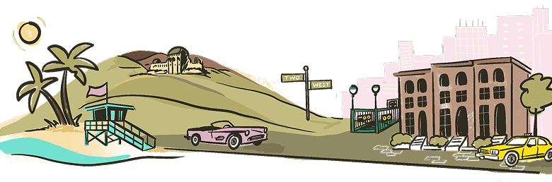 Illustration of a beach with palm trees and lifeguard tower, hills with observatory, cars, street signs, and city buildings under a sunny sky.