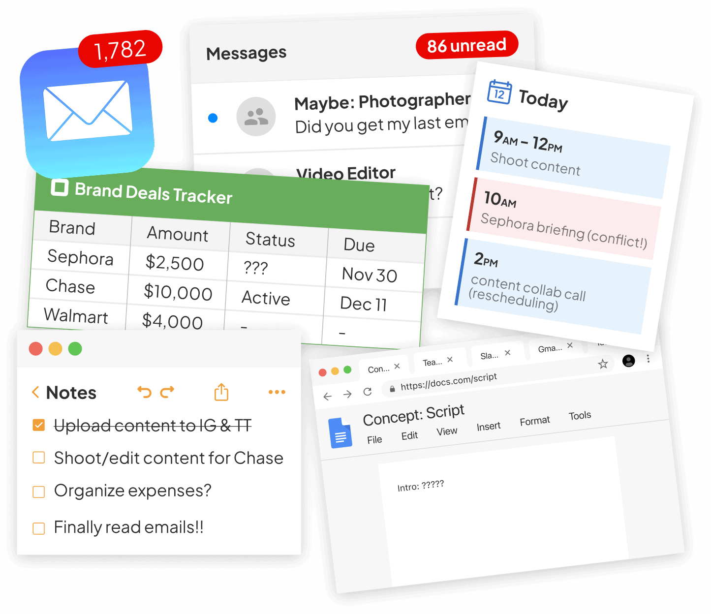 A collage showing an email app with 1,782 unread messages, message notifications, a spreadsheet of brand deals, a to-do list, and a calendar with scheduled tasks.